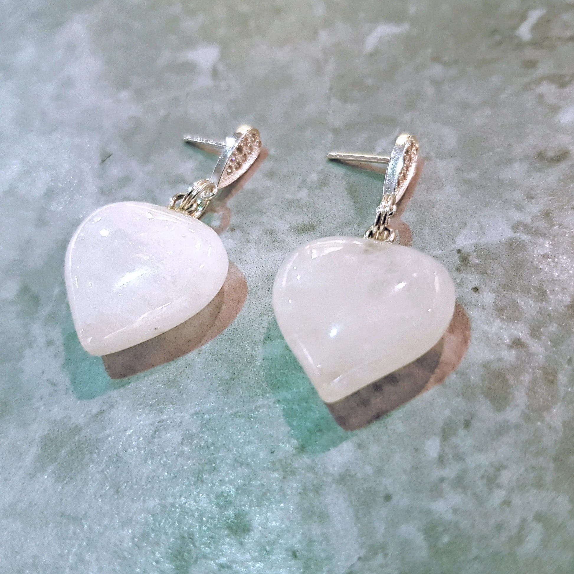 White Quartz Stud Earrings, Heart Sterling Silver Earrings, White Earrings, Gemstone Earrings | by nlanlaVictory-2