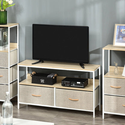 TV Cabinet, TV Console Unit with 2 Foldable Linen Drawers, TV Stand with Shelving for Living Room, Entertainment Room, Maple Wood Effect-1