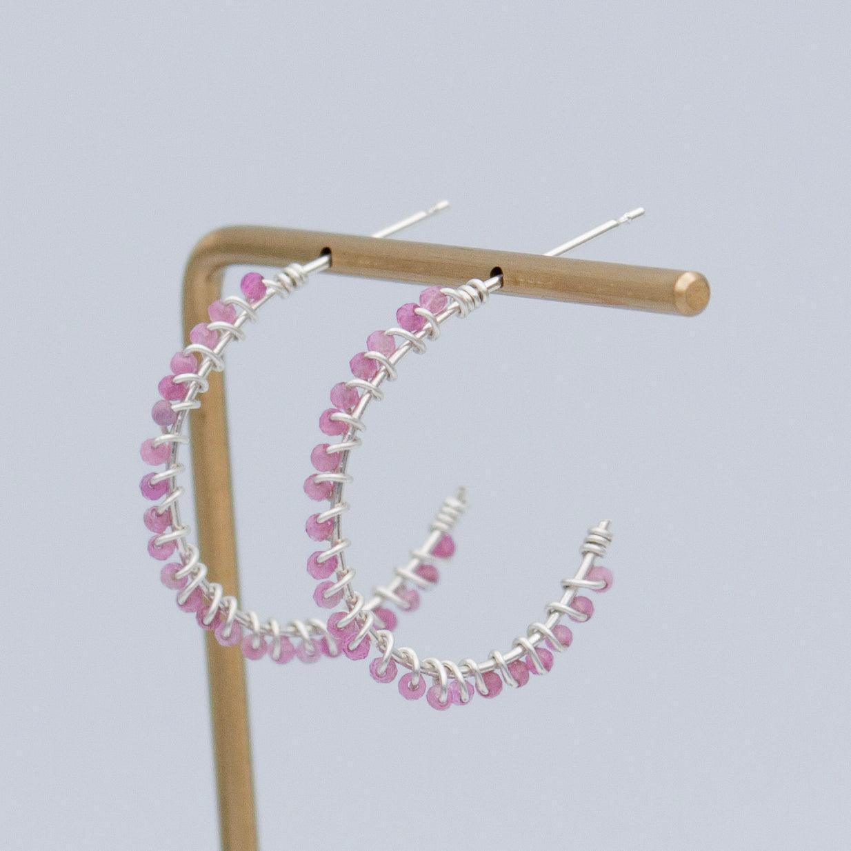 Pink Tourmaline Beaded Sterling Silver Hoop Earrings - petguardiansupplies