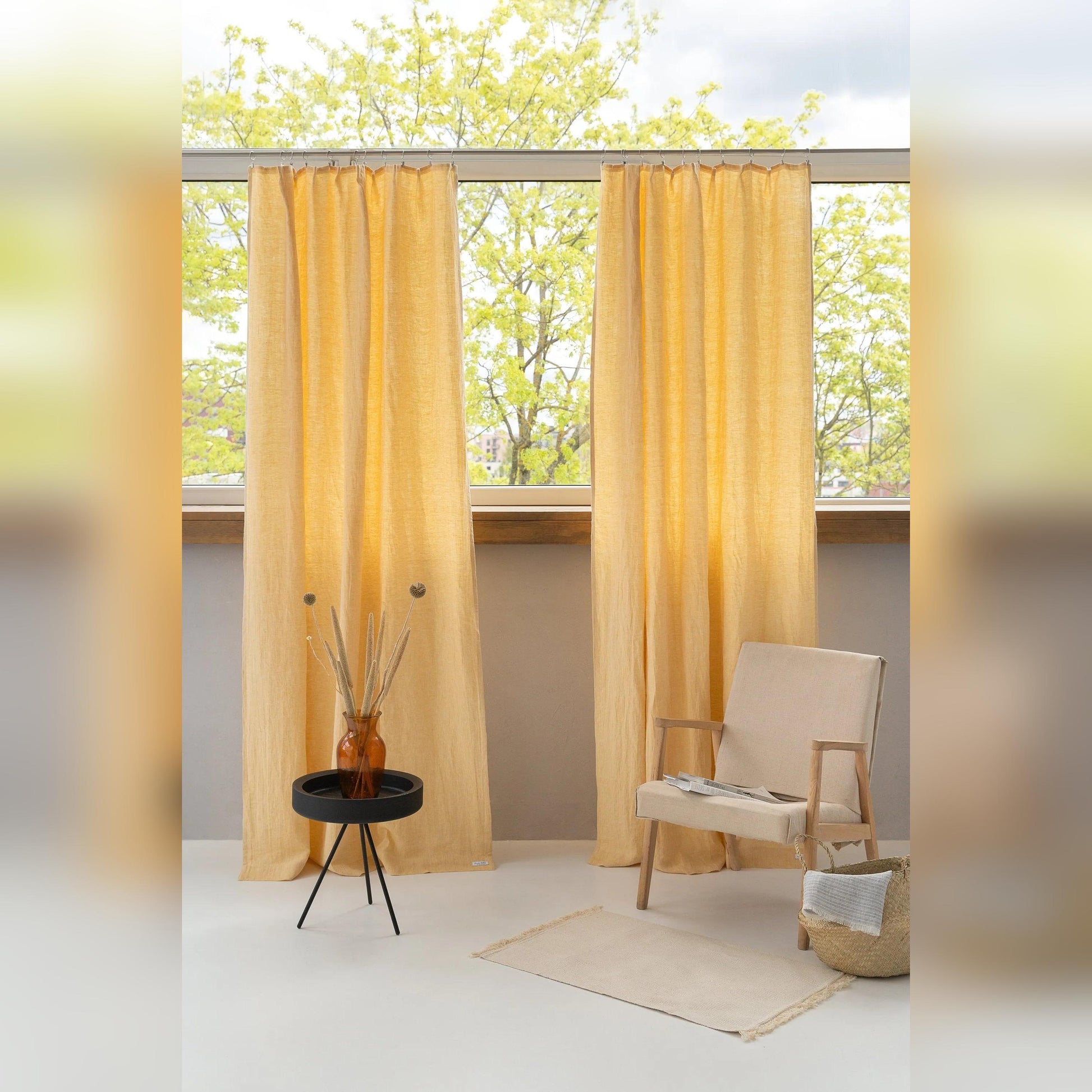 Canary Yellow linen curtain with pleating tape - petguardiansupplies