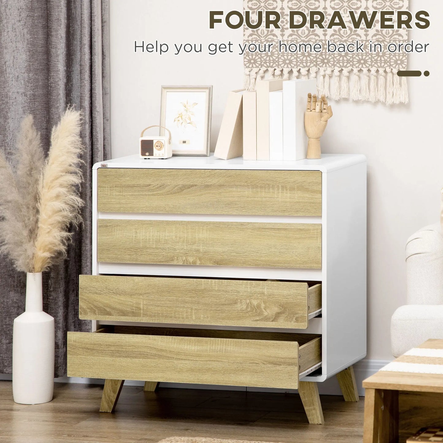 Drawer Chest, 4-Drawer Storage Organiser for Bedroom, Living Room, 80cmx40cmx79.5cm, White and Natural-4