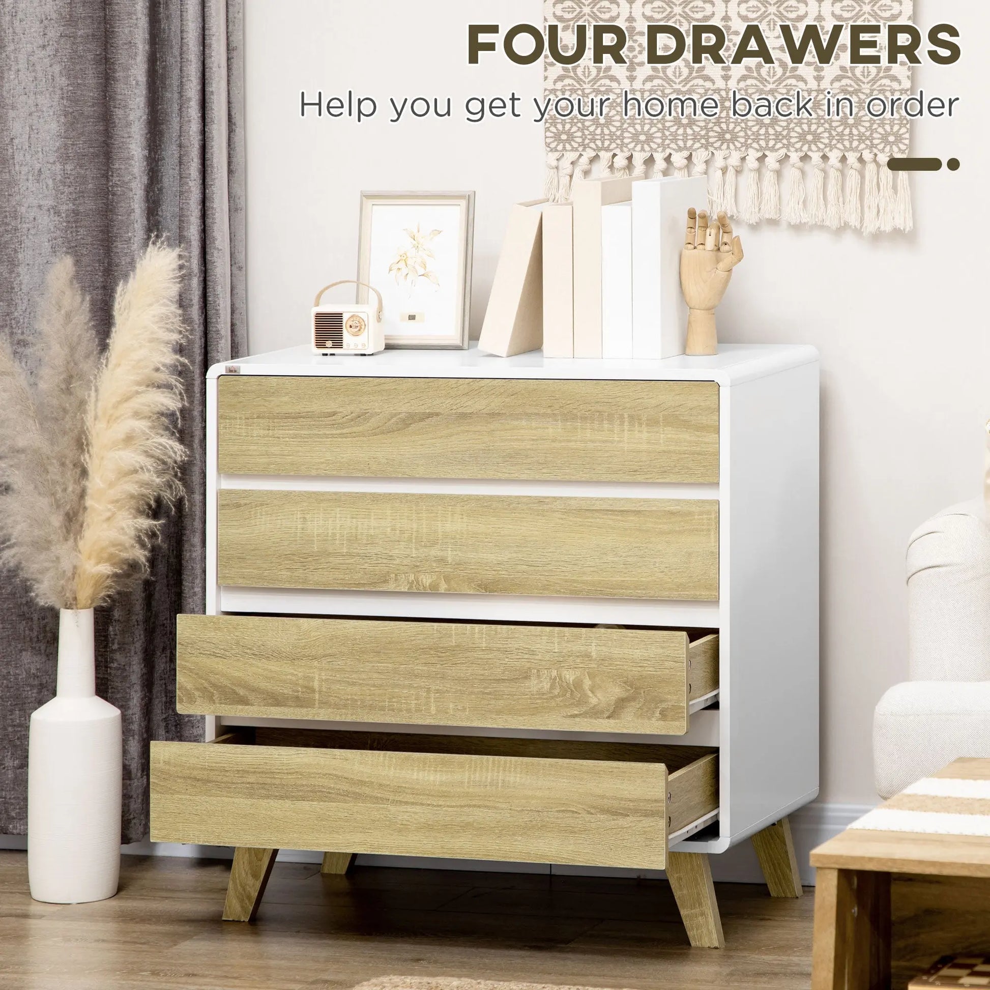 Drawer Chest, 4-Drawer Storage Organiser for Bedroom, Living Room, 80cmx40cmx79.5cm, White and Natural-4