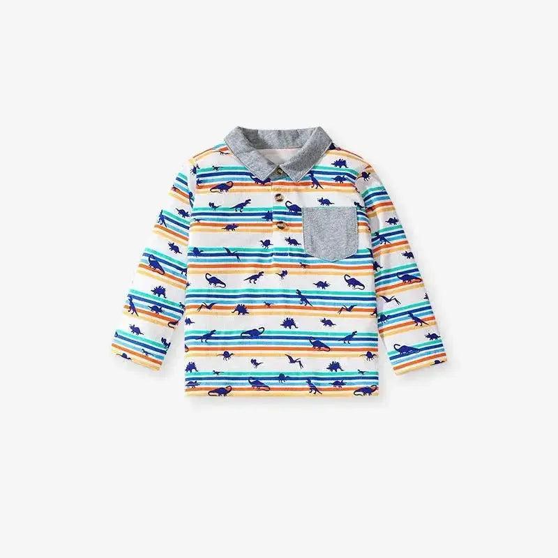 Spring And Autumn Boys Casual Dinosaur Print Striped Long Sleeve Top - petguardiansupplies