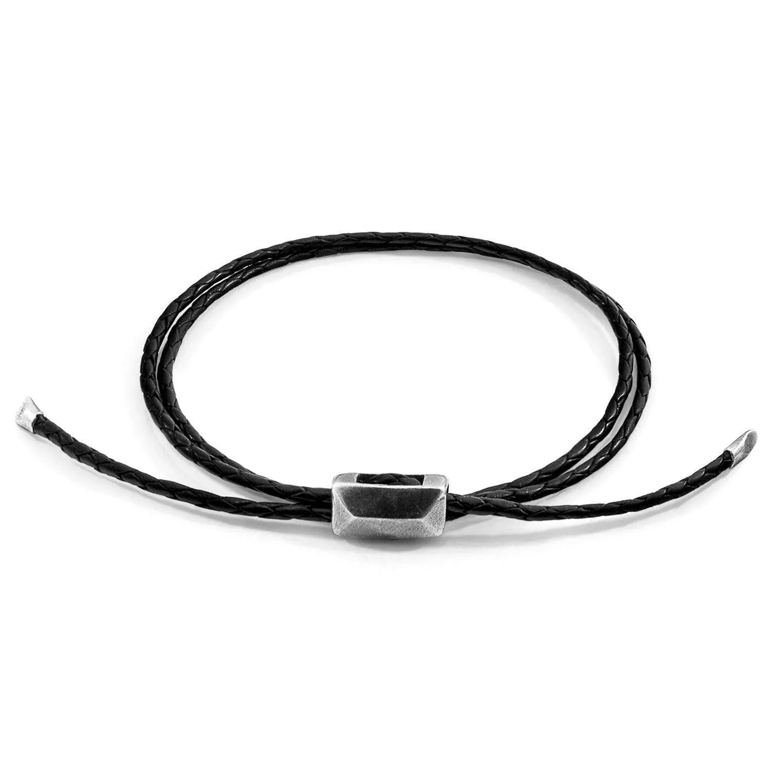 Midnight Black Edward Silver and Braided Leather SKINNY Bracelet - petguardiansupplies