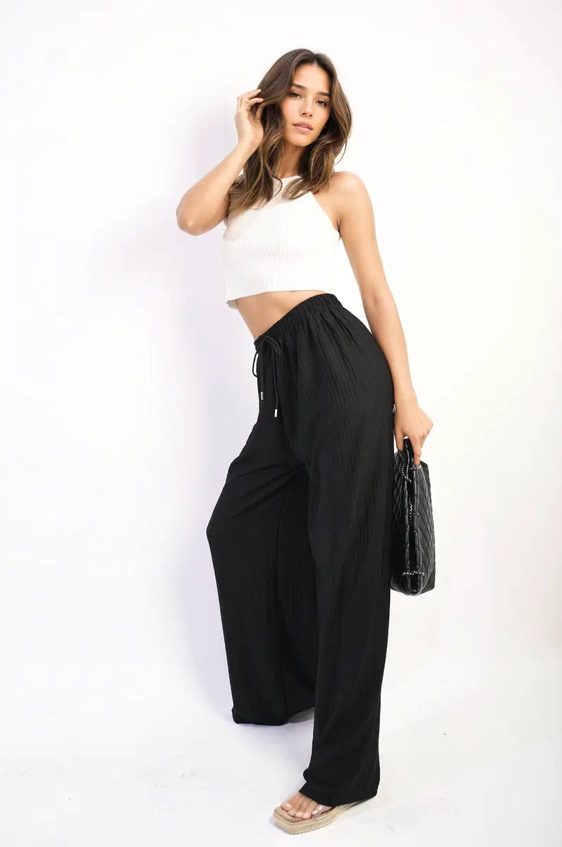 Textured Wide Leg Drawstring Trousers-1