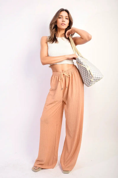 Textured Wide Leg Drawstring Trousers-14