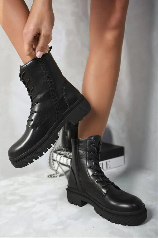 Lace Up Side Zip Chunky Ankle Boots-0