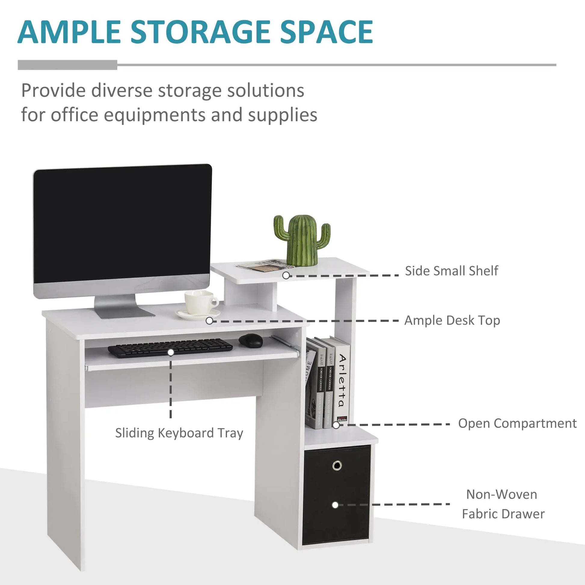 Compact Small Computer PC Desk with Sliding Keyboard Tray Storage Drawer Shelf Home Office Workstation Gaming Study in White | HOMCOM-2