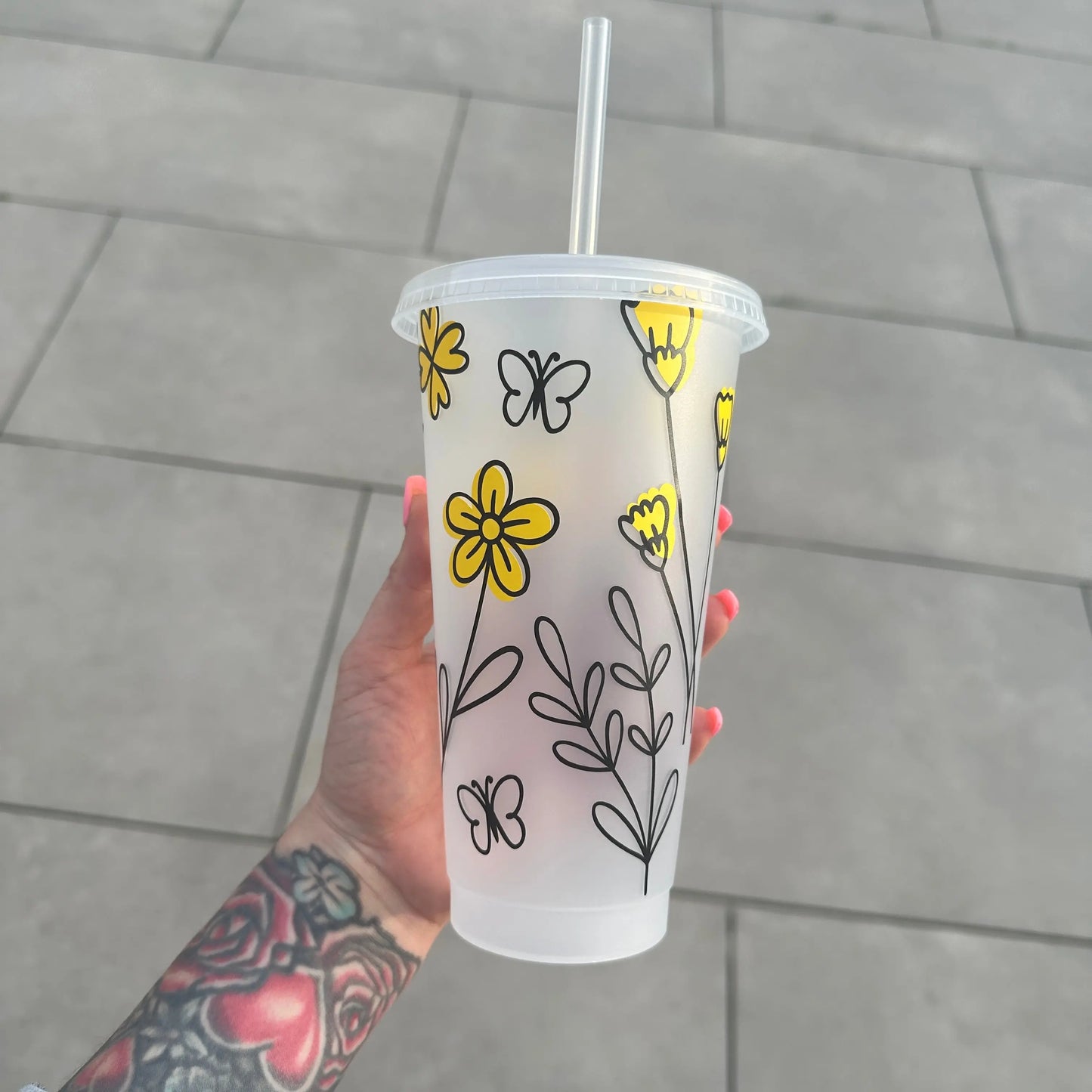 Yellow Floral Line Work Tumbler Venti Cold Cup 24oz - With Straw-0