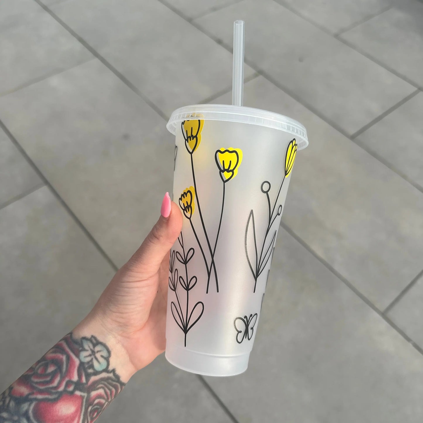 Yellow Floral Line Work Tumbler Venti Cold Cup 24oz - With Straw-1