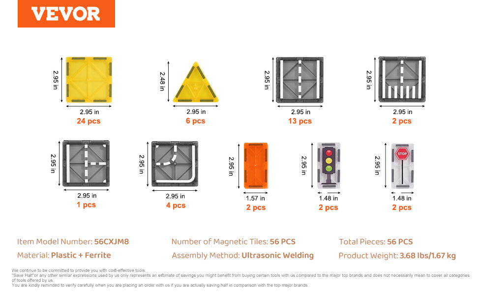 VEVOR 56 PCS Magnetic Tiles Magnet Building Blocks Set Construction Game Stacking Toys STEM Sensory Educational for Kids Gift - petguardiansupplies