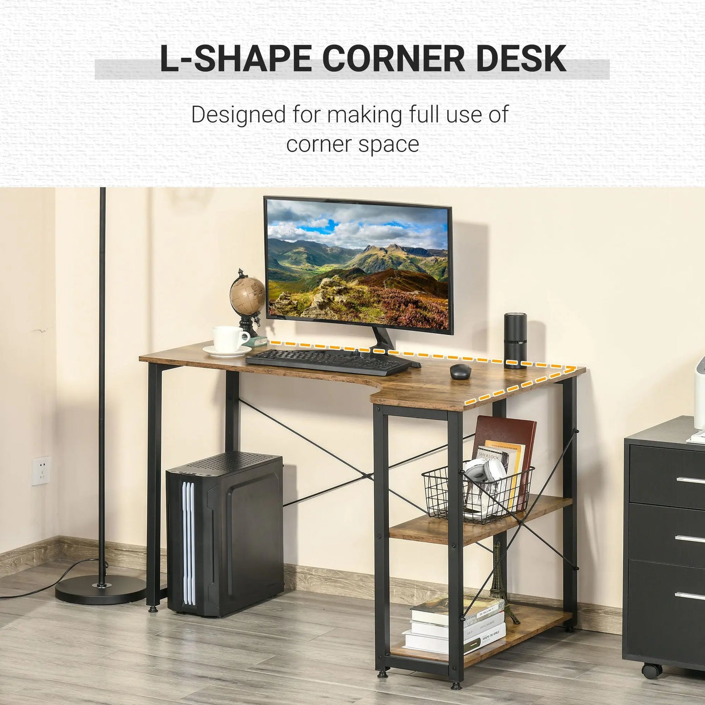 L-Shaped Computer Desk Home Office Corner Desk Study Workstation Table with 2 Shelves, Steel Frame in Rustic Brown | HOMCOM-2