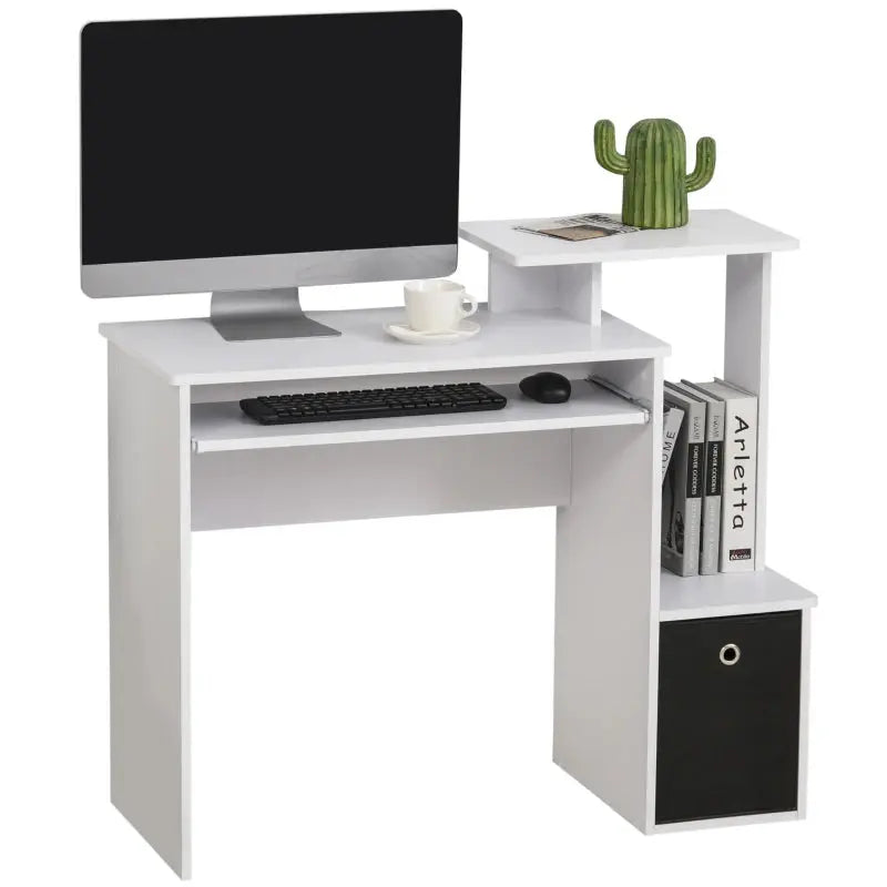 Compact Small Computer PC Desk with Sliding Keyboard Tray Storage Drawer Shelf Home Office Workstation Gaming Study in White | HOMCOM-0