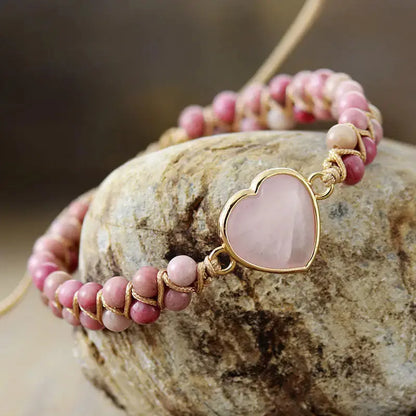 Rose Quartz Heart Charm Bracelet-2