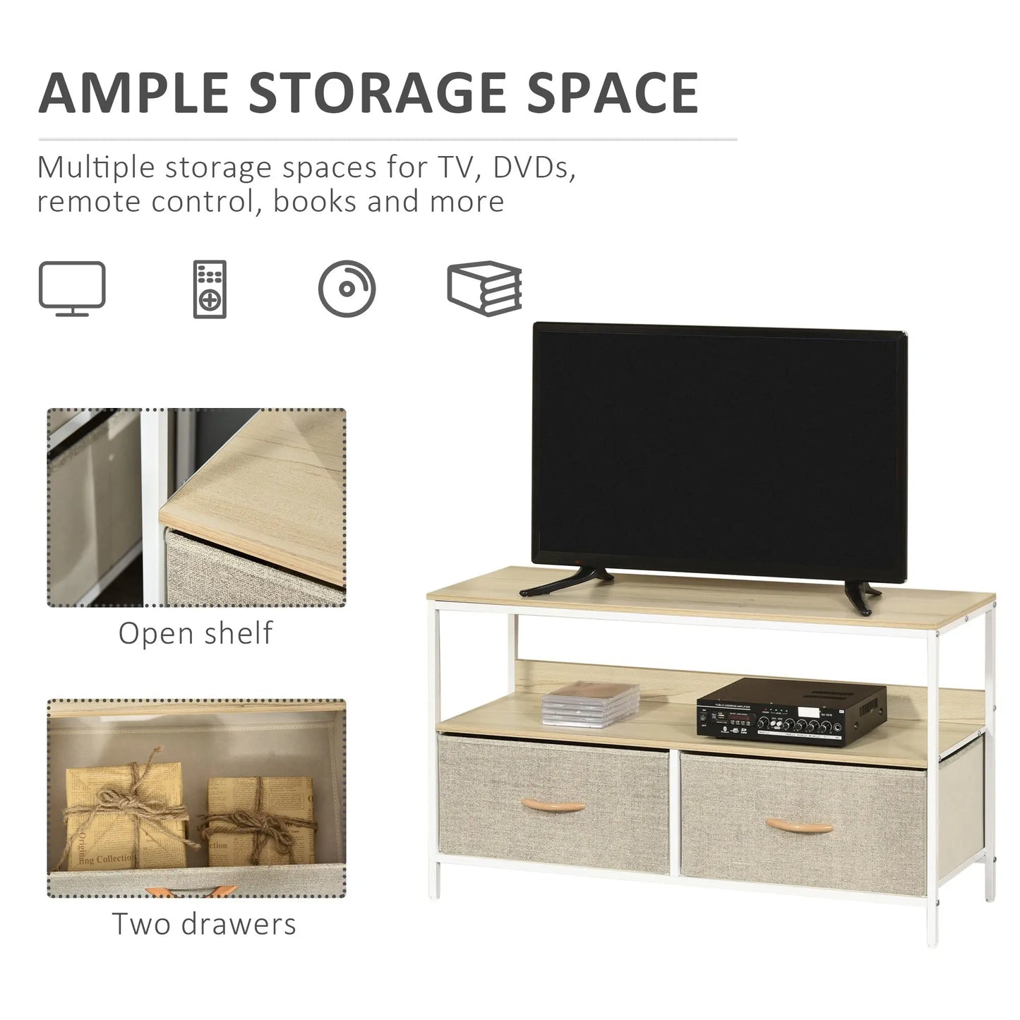 TV Cabinet, TV Console Unit with 2 Foldable Linen Drawers, TV Stand with Shelving for Living Room, Entertainment Room, Maple Wood Effect-4