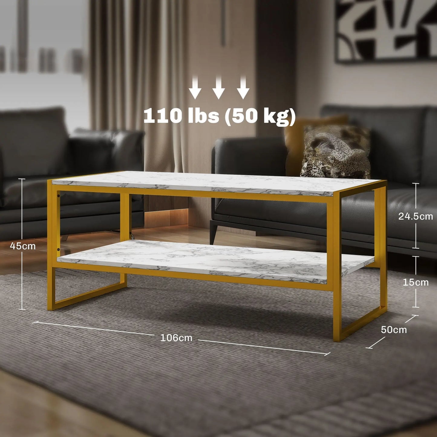 Coffee Table, Two-Tier Marble Centre Table with Metal Frame and Storage Shelf for Living Room, 106 x 50 x 45cm, White-2